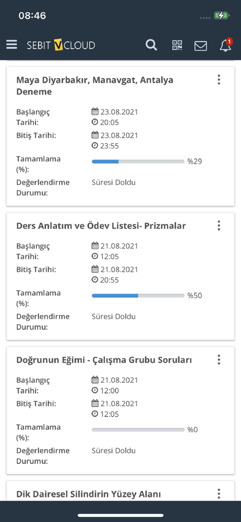 Sebit VCloud app screen showing educational tasks with completion percentages and deadlines.