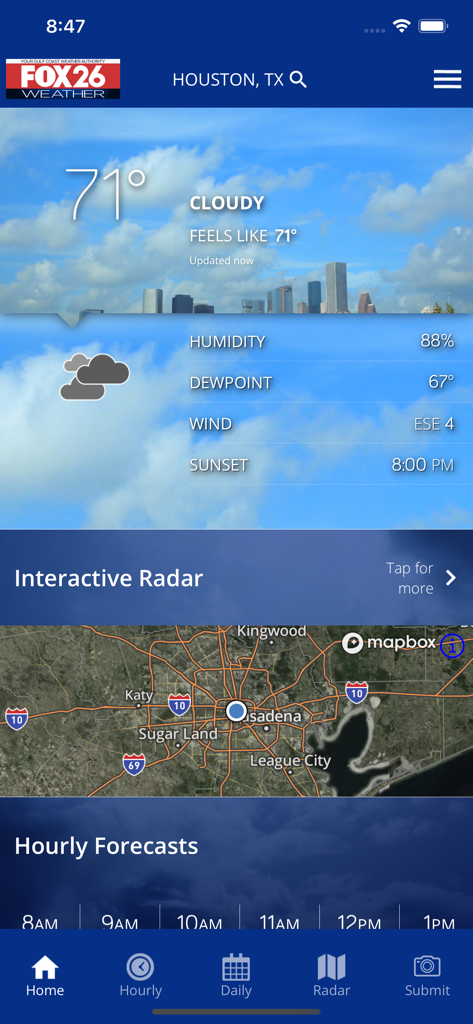 Fox 26 Houston Weather – Radar - Interfaz de la aplicación Fox 26 Houston Weather mostrando la temperatura actual y el mapa de radar local