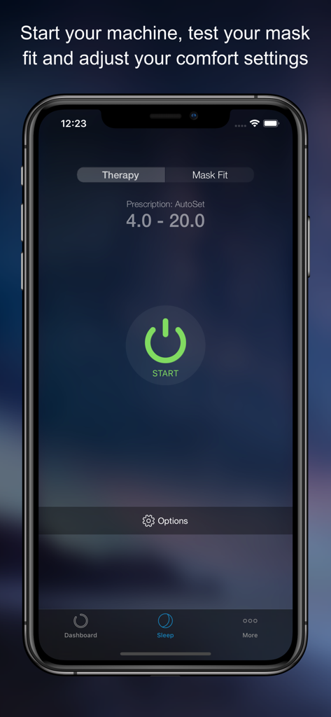 iPhone screen showing the AirMini app interface with a green start button for sleep therapy and mask fit settings