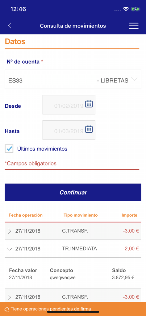 Caixa Ontinyent - Caixa Ontinyent mobile app transaction history and account movement screen