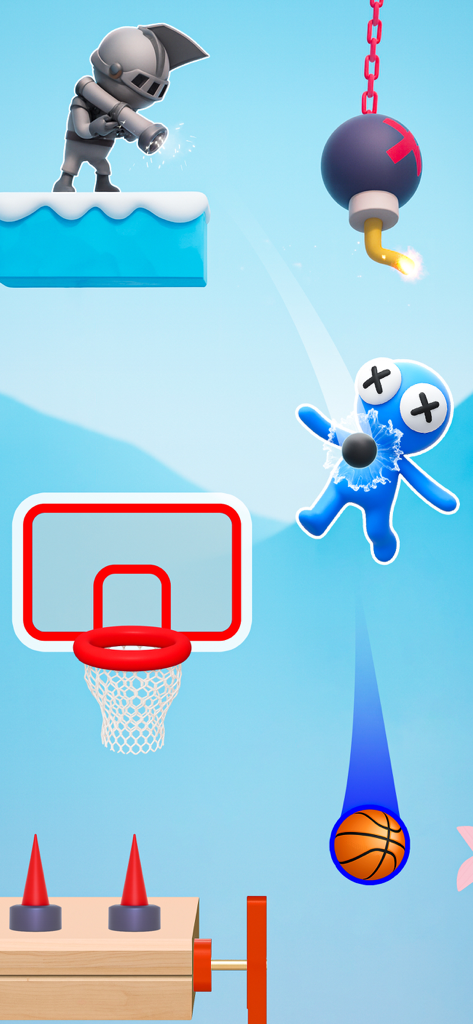 BasketBlitz: Basketball Game - Un nivel de juego de baloncesto con una canasta y obstáculos desafiantes como un caballero y una bomba colgante