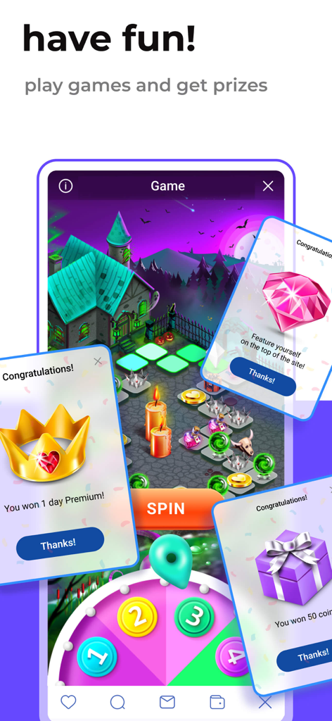 Love.ru - Dating, Chat, Meets - Love.ru Dating-App-Spieloberfläche mit Preisen und Belohnungen