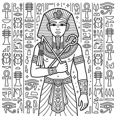 Step into the world of Ancient Egypt with this detailed coloring page featuring a majestic pharaoh. Enjoy bringing this iconic character and its surrounding hieroglyphs to life with your favorite colors.