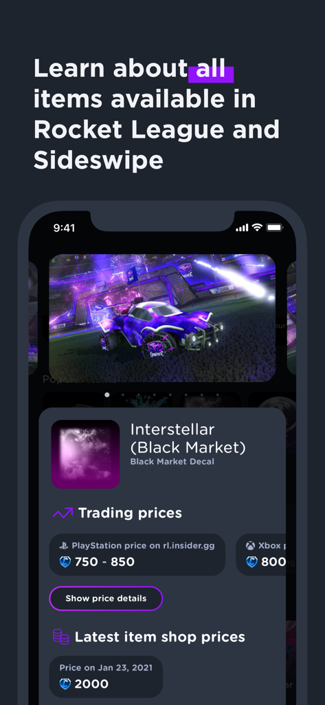 RL Garage for Rocket League - La aplicación RL Garage que muestra los precios de intercambio y el historial de la tienda de objetos para un adhesivo de Black Market en Rocket League