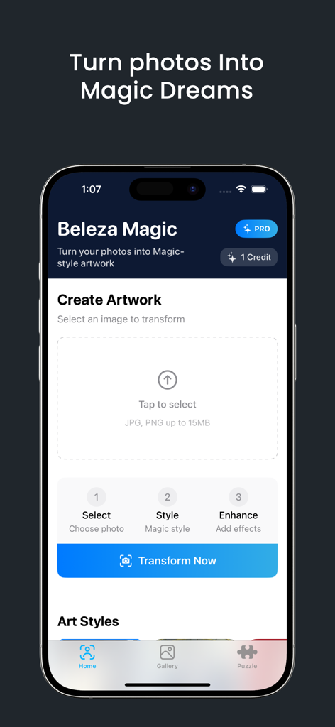 Beleza Magic - Interface of Beleza Magic app showing the steps to transform photos into dreamy animated portraits.