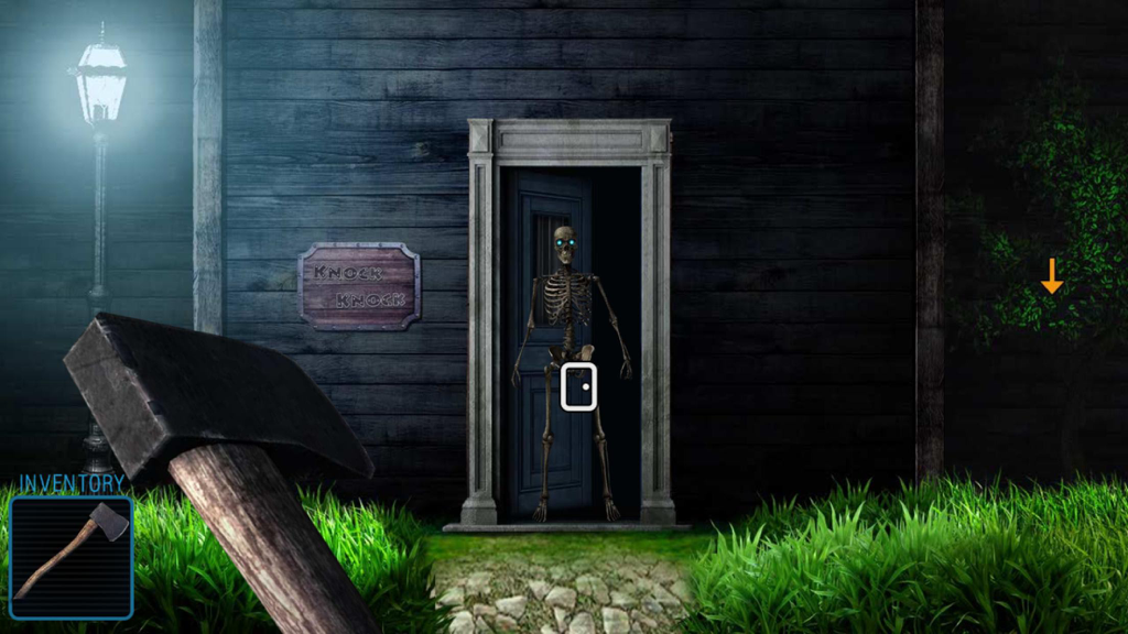 Can You Escape Rescue Girl's Soul? - Impossible Room Escape Challenge - A skeleton stands inside a dark doorway in a haunted house escape puzzle game.