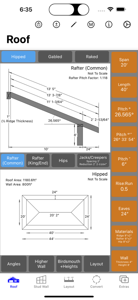 상세한 일반 서까래 치수와 모임지붕 레이아웃을 보여주는 RoofCalc 앱 화면