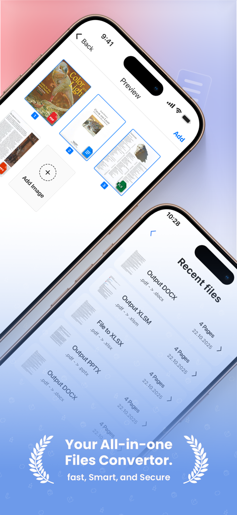 Interface d'application mobile pour PDF Converter montrant une liste de fichiers récents et un aperçu du document