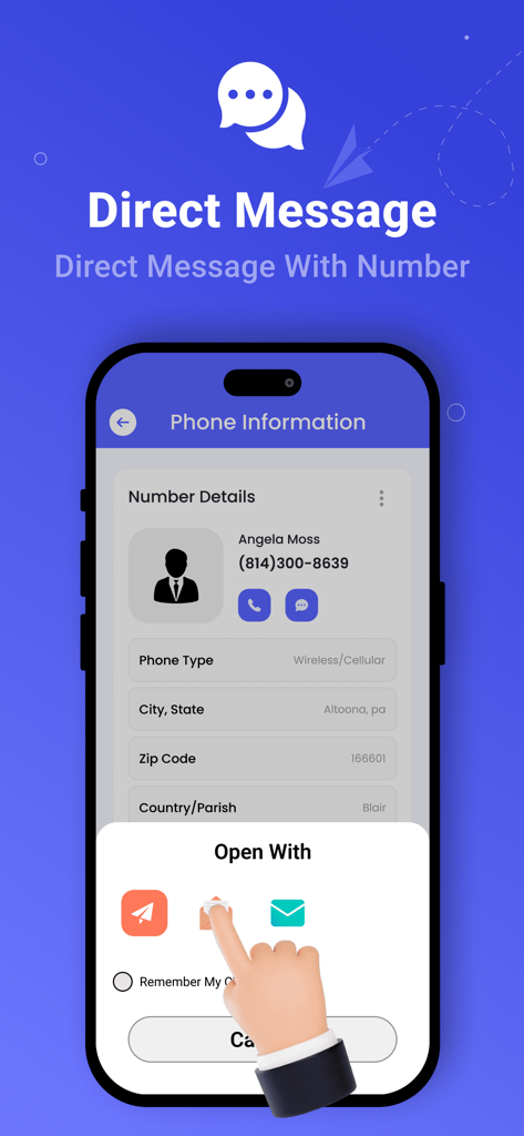 Interface do aplicativo Busca Reversa mostrando detalhes do telefone e opções de mensagens diretas para um contato.