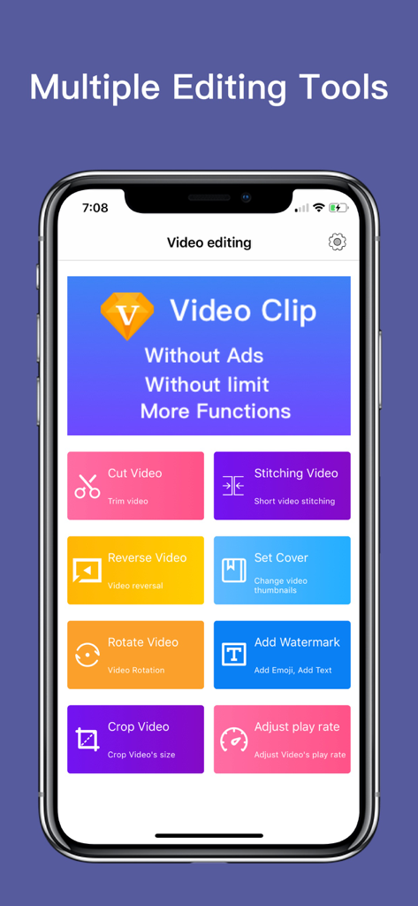 Video Clip Editor - Film maker - Interface of the Video Clip Editor app showing a grid of tools like Cut Video, Stitching Video, and Rotate Video