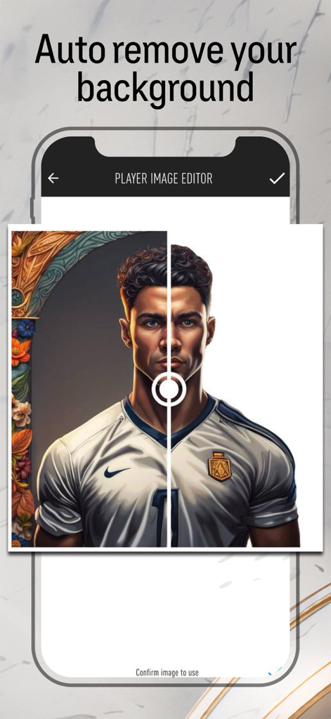 Strumento di rimozione automatica dello sfondo per carte di calcio personalizzate nell'app Creatore di Carte FC 26