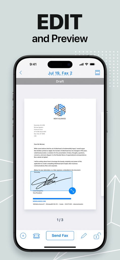 FaxFree: Send Fax From iPhone - Anteprima e modifica di un documento firmato nell'app FaxFree per iPhone
