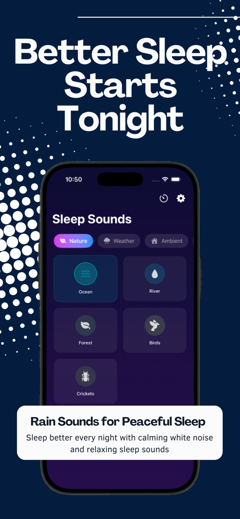 Fan Noise: Sleep Better - Una interfaz móvil para la aplicación Ruido de Ventilador que muestra varios sonidos de sueño de la naturaleza como río oceánico y bosque para ayudar con el insomnio