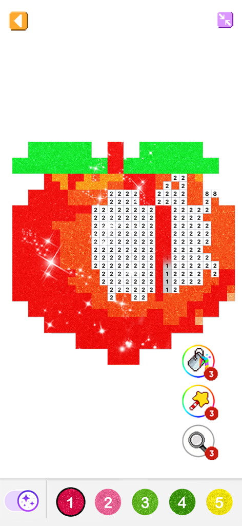 Pixel By Number® - Pixel Art - Mobile screen showing a pixel art strawberry being colored by number in a relaxation game