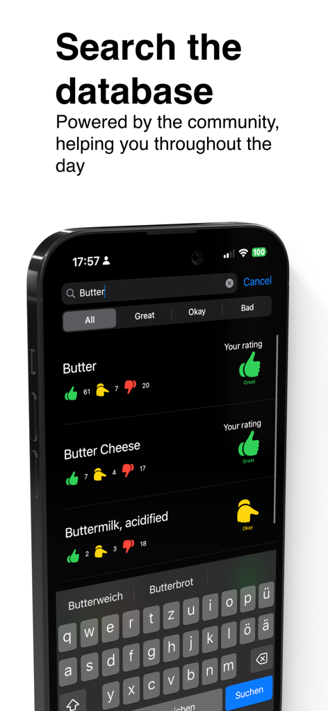 HITS DB app search screen showing community food ratings for histamine intolerance