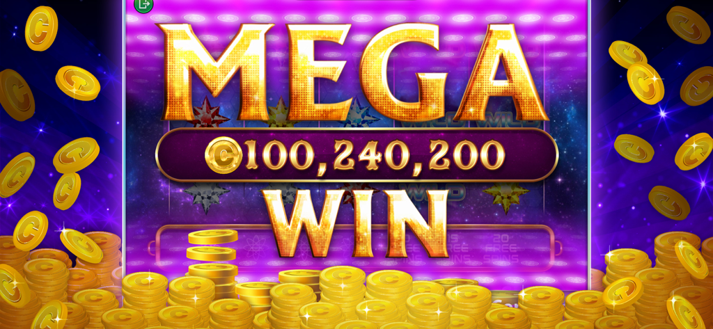 Large golden Mega Win text showing a jackpot of over 100 million coins in Casino World Slots