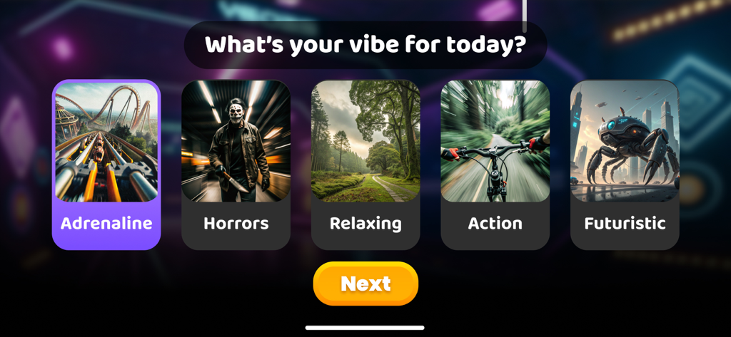 Tela de seleção de categorias de vídeo VR, incluindo temas de adrenalina, relaxantes e futuristas.