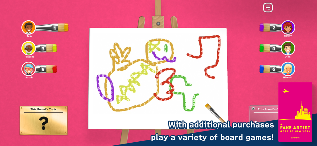 Let's Play! Oink Games - A Fake Artist Goes to New York digital board game gameplay screen with minimalist drawing board and player avatars