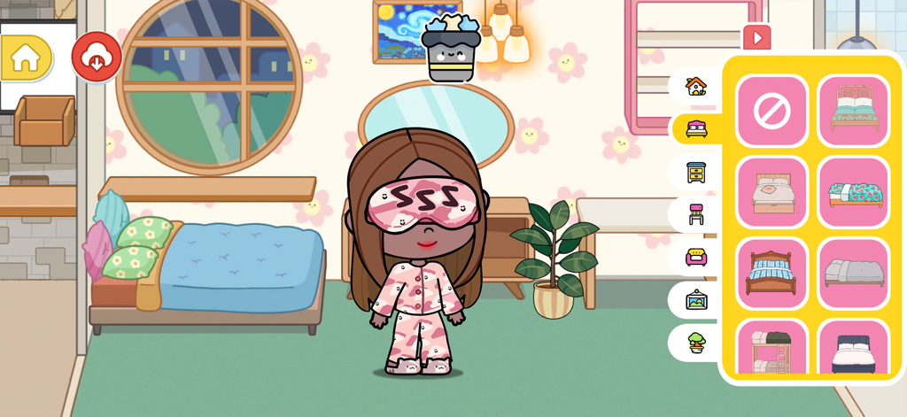 Bedroom Ideas World - Un personaje con pijama rosa decorando una habitación con un menú de selección de muebles en el juego Bedroom Ideas World.