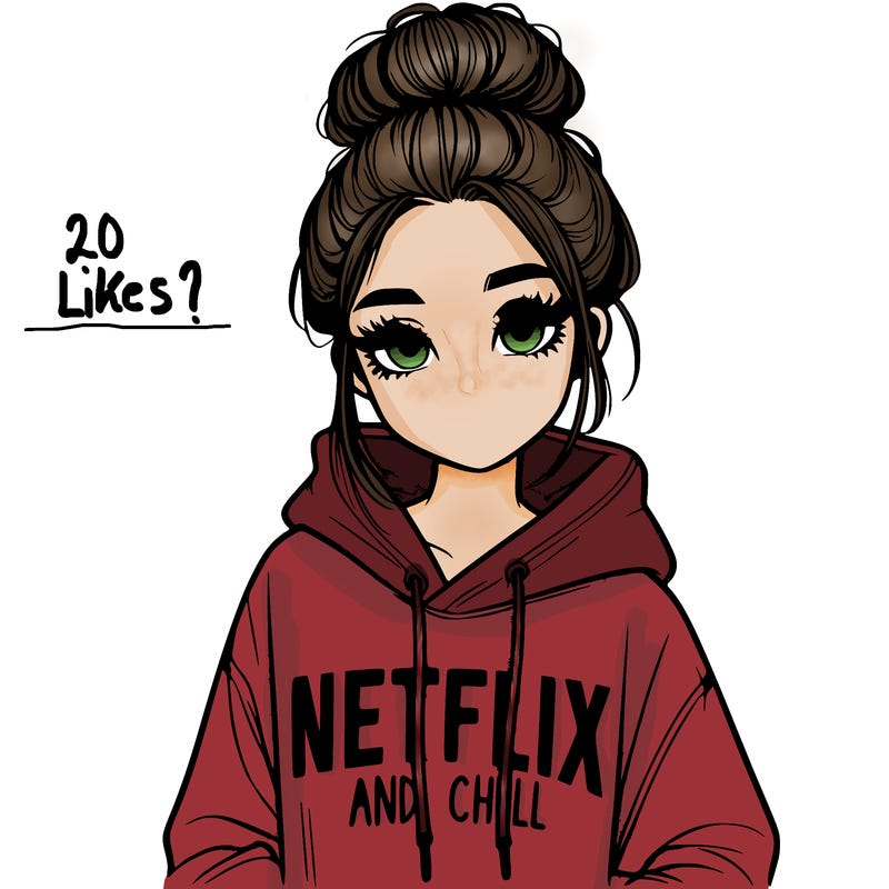 realistic girl with her hair up in a bun wearing a hoodie that says netflix and chill