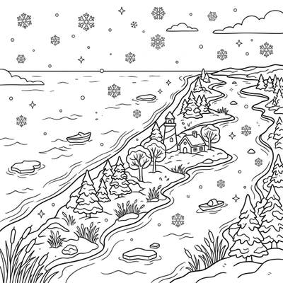 Discover the enchanting beauty of barrier islands in a winter setting with this captivating coloring page. Featuring snow-covered landscapes, lighthouses, and delicate snowflakes, it's perfect for a relaxing artistic escape.