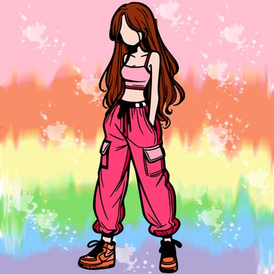 girl in baggy pants crop top and long hair