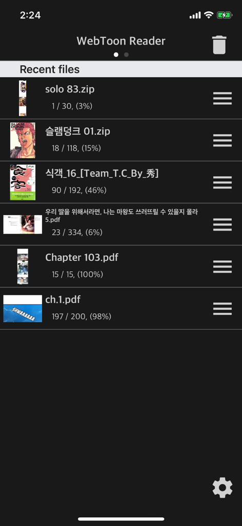 WebToon Reader - WebComic File - Una lista de archivos de cómic y manga abiertos recientemente en formato zip y pdf dentro de la interfaz de la aplicación Lector WebToon