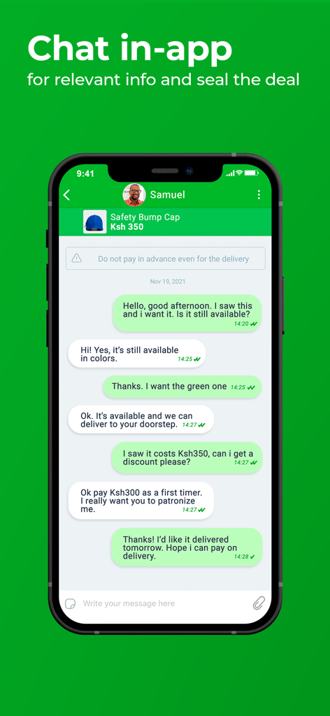 Screenshot of the Jiji Kenya mobile app showing the secure in-app chat feature for buyers and sellers to negotiate deals.