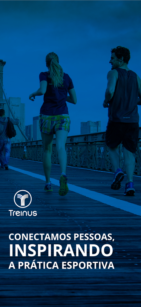 Treinus - Duas pessoas correndo ao ar livre em uma ponte com o logo da Treinus e texto motivacional em português.