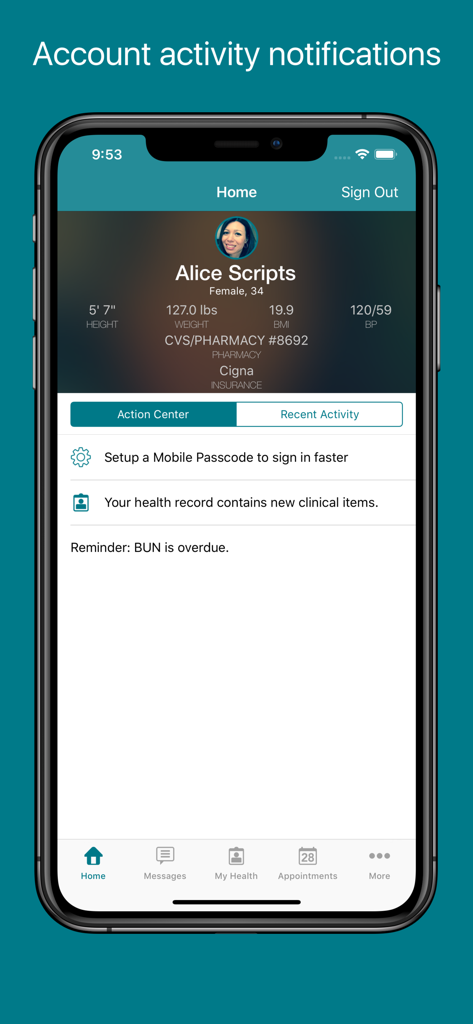 The Home screen of the FollowMyHealth mobile app displaying a patient medical summary and health reminders