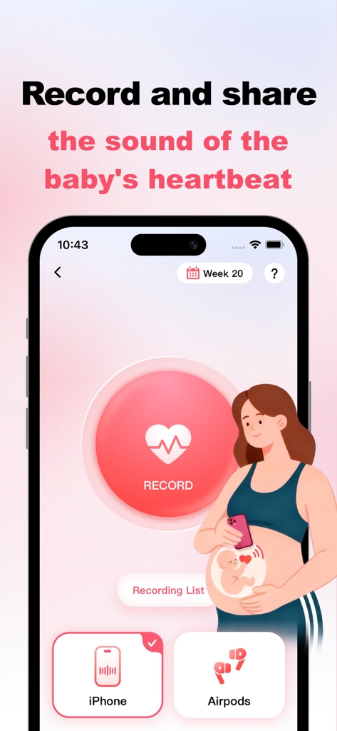 Wellpulse app interface showing fetal heart rate monitoring for pregnant women to record and share their baby's heartbeat.
