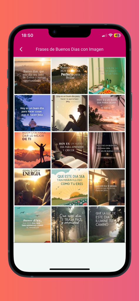 buenos días y buenas noches. - Una pantalla de smartphone mostrando una cuadrícula de tarjetas de saludo de buenos días en español con paisajes pintorescos e imágenes de café con citas inspiradoras