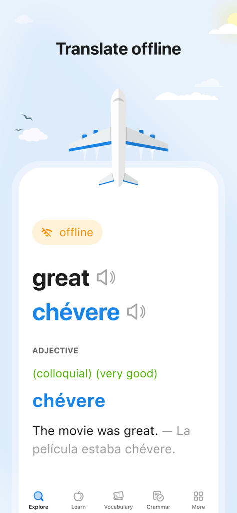 SpanishDictionary.com Learning - Interface of SpanishDictionary app featuring offline translation for the word great to chevere with an airplane graphic