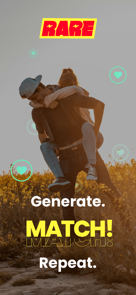 Promotional screen for RARE AI Dating Assistant featuring a couple in a field with the text Generate Match Repeat