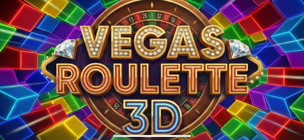 Roulette - Casino Roulette - ベガス ルーレット 3D ゲームのタイトル。ルーレットホイールと鮮やかでカラフルなネオンの背景。