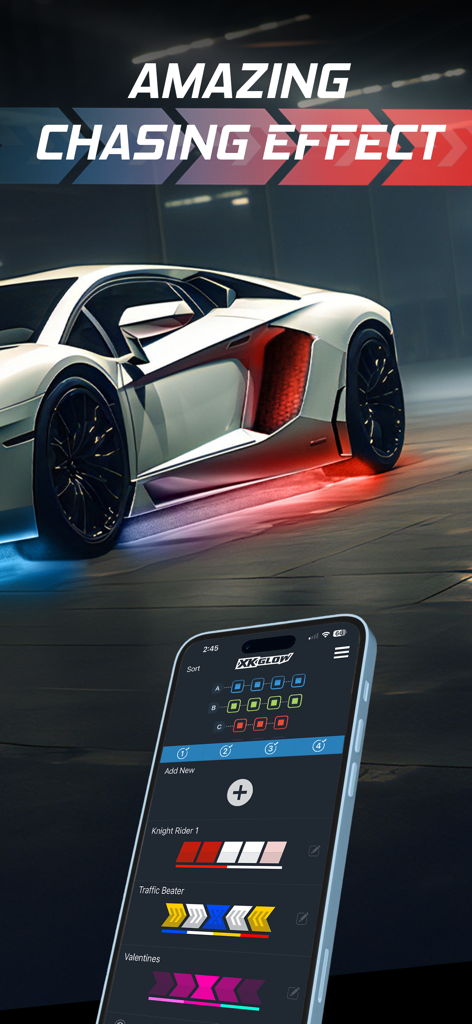 XKmax - XKmax app interface for controlling chasing LED underglow effects on a sports car