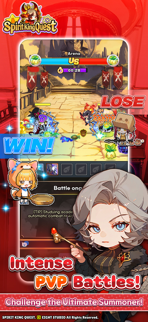 Spirit King Quest - Screenshot of an intense PvP arena battle in Spirit King Quest showing chibi characters and win-lose indicators.