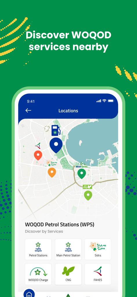 Interfaz de la aplicación móvil WOQOD que muestra un mapa de gasolineras y servicios automotrices cercanos