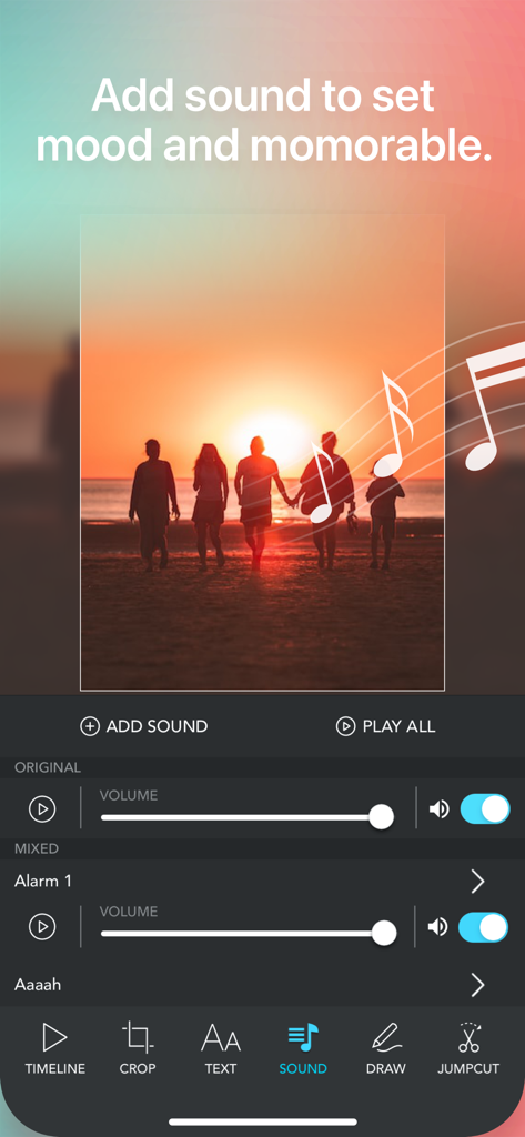 Interfaz móvil mostrando la función de edición de sonido y mezcla de música para videos