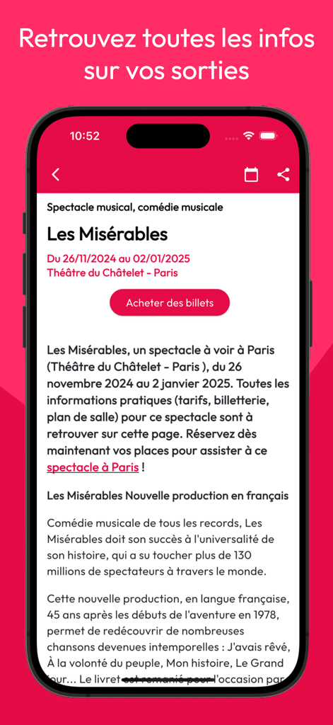 JDS - Idées sorties en France - Event details for a musical in Paris on the JDS mobile app screen.