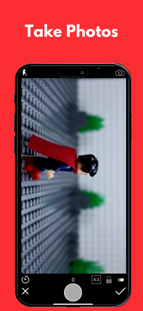 Animatives - stop motion maker - Animatives app camera interface capturing a LEGO figure for stop motion animation