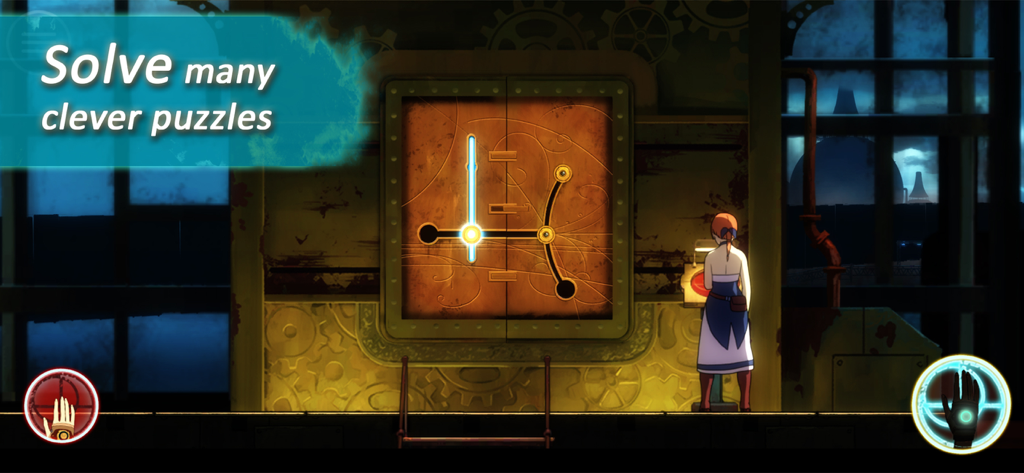 Forgotton Anne - Anne standing in front of a glowing mechanical puzzle in a steampunk setting