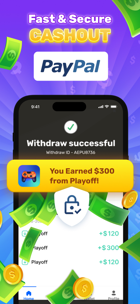 Win Real Money: PlayOff Games - Mobile app screen showing a successful three hundred dollar cashout to PayPal with secure withdrawal confirmation