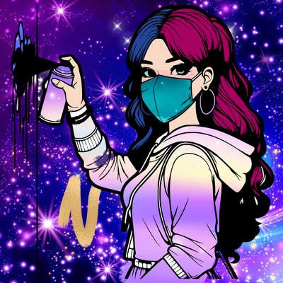 realistic girl with mask spray painting a wall