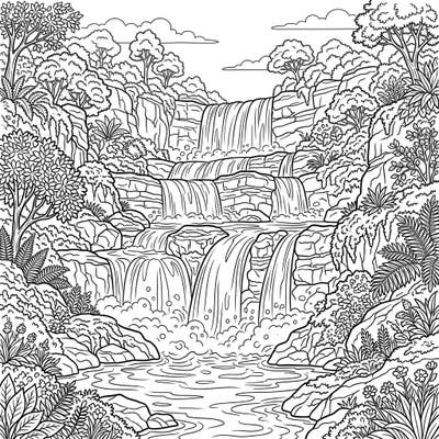 Dive into the soothing beauty of nature with this intricate cascade waterfalls coloring page. Explore multiple tiers of rushing water and lush surrounding greenery, perfect for a relaxing artistic escape.