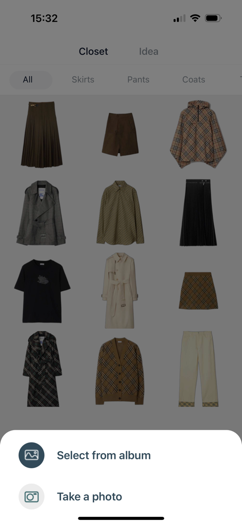 My AI Closet - The closet view of the My AI Closet app showing various clothing items and the menu to add new pieces.