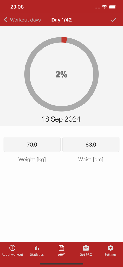 Caynax A6W abs workout app interface displaying progress statistics for weight and waist circumference on Day 1 of the 42 day program.