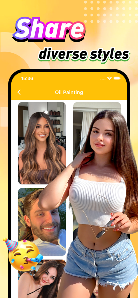 Charz - Interface de l'application Charz affichant une galerie de photos de portraits classées sous le style peinture à l'huile.