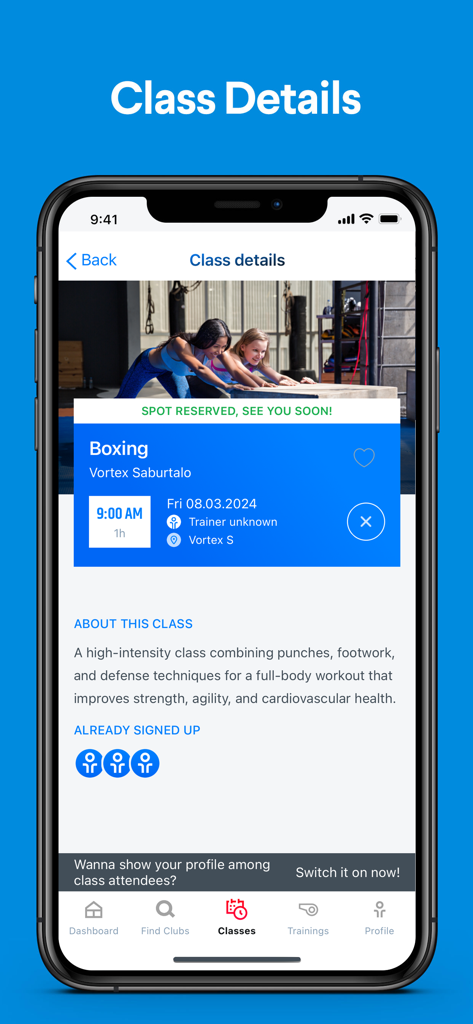 Vortex Fitness - Tela do aplicativo Vortex Fitness mostrando os detalhes de uma aula de boxe reservada