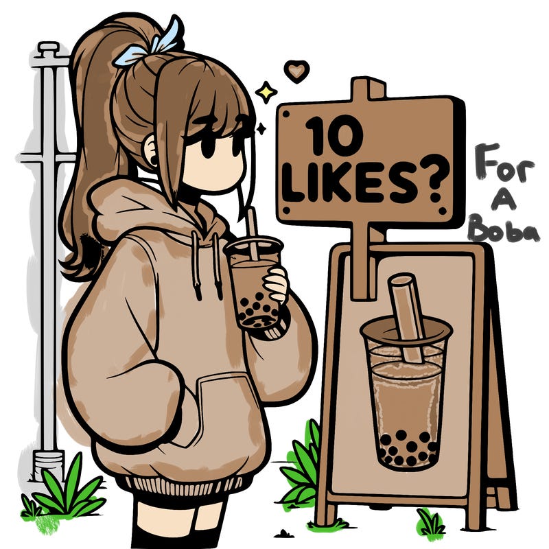 girl with oversized hoodie drinking boba and she has a high ponytail with a sign that says 10likes?
